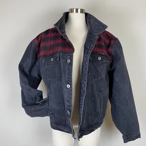 Liquor n Poker Black Denim Trucker Jacket Red Black Plaid Yoke 100% Cotton Large - Picture 1 of 15