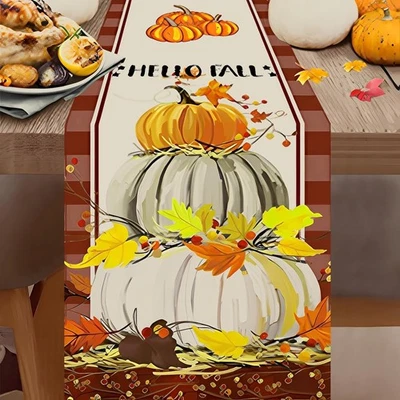Autumn Table Runner 13x70in Cotton Linen, Pumpkin Fall Leaves Thanksgiving Decor - Image 1 of 4