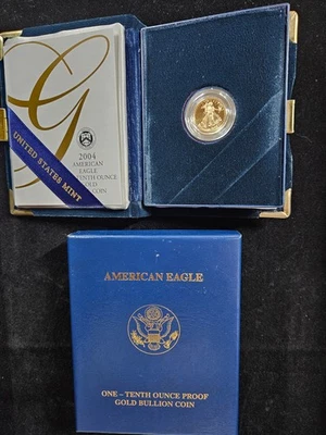 🌟 Moneda American Gold Eagle 2004 $5 1/10 oz PRUEBA BU SIN CIRCULAR con certificado de autenticidad Foto 1 de 3