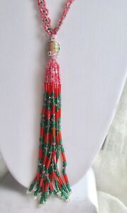 Antique 1920s PINK GLASS SEED BEAD X-Long FLAPPER TASSEL NECKLACE Wedding Cake