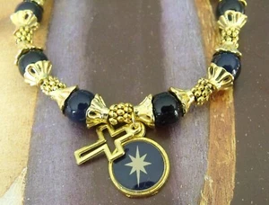 New Blue Stone Gold Plate Cross Star Charm Christmas Bracelet 7.25-7.5 inches - Picture 1 of 5