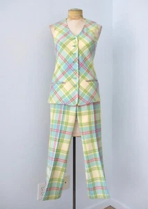Vtg 60s Mod Blue Pink Green Plaid 2-Pc Bell Bottom Flare Leg Vest Pant Suit 7 - Picture 1 of 14