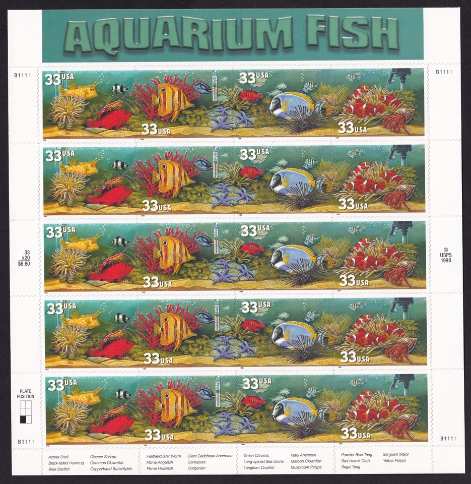 Scott #3320b (3317-3320) Aquarium Fish (Nemo) Sheet of 20 Stamps - MNH - Image 1 of 1