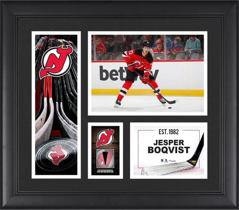 Jesper Boqvist Devils FRMD 15" x 17" Player Collage with a Piece of GU Puck Cover