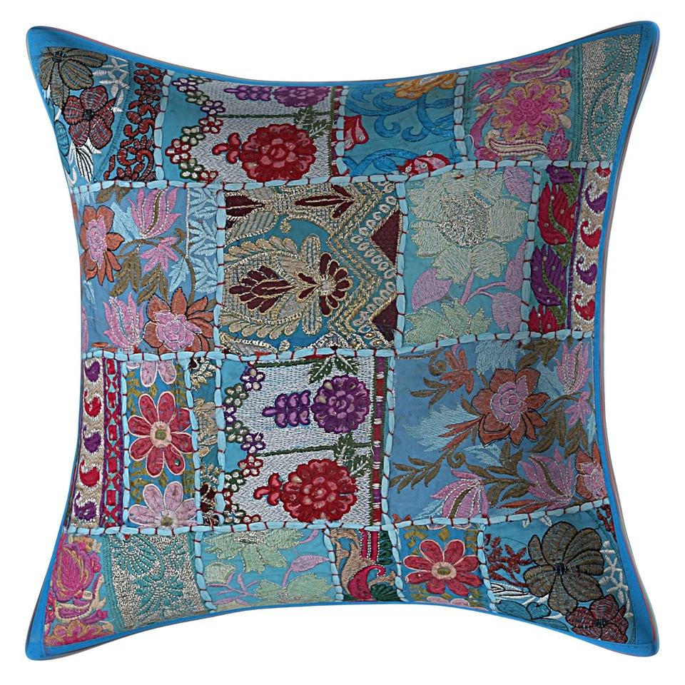 Blue Turquoise Patchwork Cotton Cushion Cover Indien Bedding Sofa Pillows Throw - Image 1 of 2