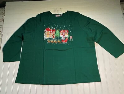 Quacker Factory Long Sleeve Shirt Rhinestone 3X Embellished Christmas Green NEW - Image 1 of 4