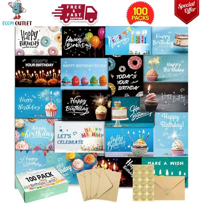 100 Piezas Tarjetas de Feliz Cumpleaños a Granel con Sobres Caja de Tarjetas de Cumpleaños Surtidas Foto 1 de 4