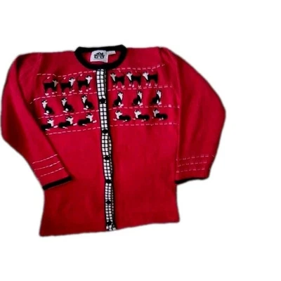 VTG Storybook Knits Cat Print Cardigan Plus Sz S  8-10.Red Black Button Novelty  - Image 1 of 4