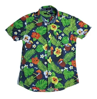 Hawaiian Shirt Men's Medium Tropical Island Green Floral Tiki Bar Party Hibiscus - Image 1 of 4