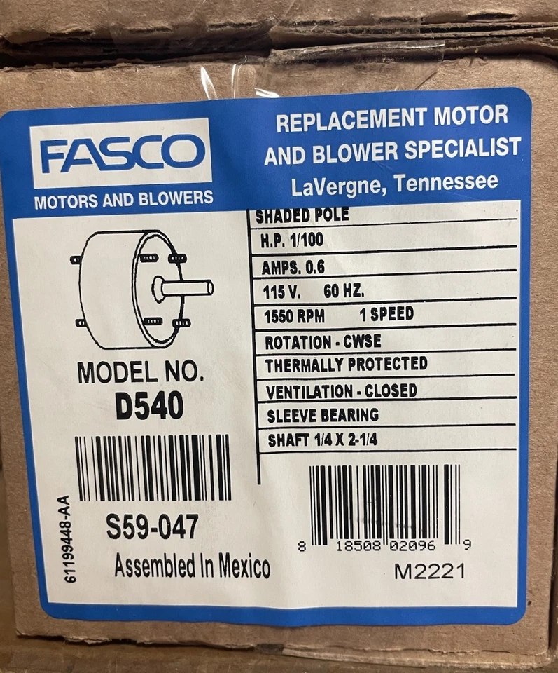 FASCO D540 Motor,1/100 HP,1550 rpm,115V 110v New In Box 1/4” X 2 1/4” Shaft - Image 1 of 1