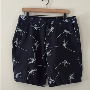 Magaschoni Man Linen Blend Shorts Palm Printed Flat Front Navy White Size 33 - Picture 1 of 10