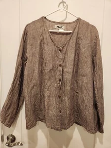 FLAX Medium Blouse Brown Button Front Linen Shirt Long Sleeve Top - Picture 1 of 10