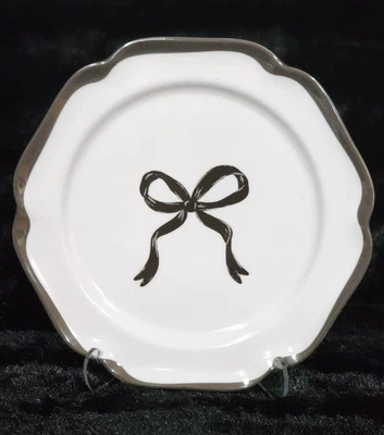 4 Black Coquette Bow on White Melamine Salad Plates 8.25" Shabby Chic Bows Trim - Image 1 of 4