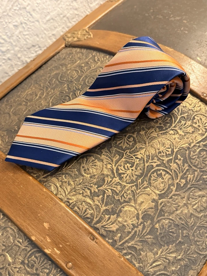 Corbata con cuello Countess Mara 100 % seda, 60” rayas azules y naranjas. Foto 1 de 4