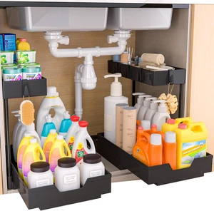 2-Tier under Sink Organizers, 2 Pack Sliding L-Shape Cabinet Organizers Narrow S - Picture 1 of 11