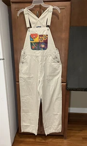VTG 80s Honors Beige Denim Overalls Bib Jeans Pants Clothes 6 Pockets Patchwork - Picture 1 of 10