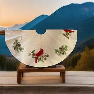 Domain Embroidered Christmas Tree Skirt 52” 20% Linen/80% Poly Cardinals NWOT - Picture 1 of 7