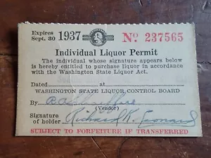 Washington State Liquor Control Board 1937 Individual Permit Card, Store #42 - Bild 1 von 2