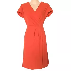 TRENERY Red Pleated Women's Wrap Knee-Length Dress Short Sleeve V-Neck Size 6 - Picture 1 of 12