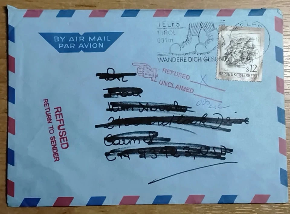 Austria REFUSED RETURNED MAIL  Hollywood actress Kim Novak TELFS Tirol postmark Foto 1 de 1