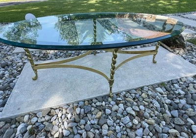 Vintage Mid Century Hollywood Regency Labarge Oval Brass Glass Coffee Table 49.5 - Image 1 of 4