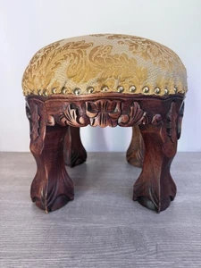 Vintage Hand Carved Small Wooden Stool Upholstered Yellow - Picture 1 of 13