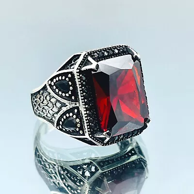 Men Simulated Ruby Stone Ring 925 Sterling Silver Red Stone Ring Gift For Him - Image 1 of 4