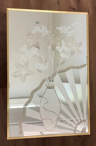 Vtg 80s MCM Etched Floral Mirror Art Gold Frame Mechanical Mirror Works 30”x20” Cover