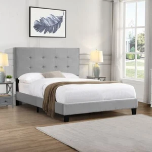 Modern Full Size Velvet Upholstered Platform Bed Frame Wood Slat +Headboard Gray - Picture 1 of 5