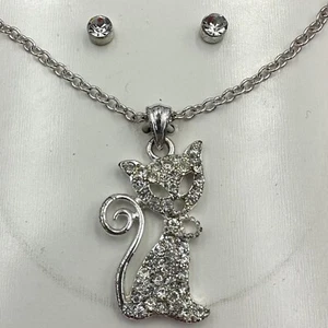 Genuine Crystal 18 1/2'' Pendant & Earing Set Kitty Cat - NEW - Picture 1 of 6