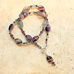 Genuine Fluorite gemstone beaded necklace with Austrian crystal beads, Chakra - Picture 1 of 4
