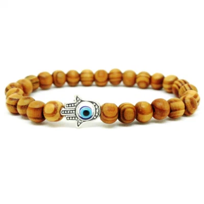 Bracciale Mano di Fatima Occhio turco di allah uomo Legno Perle 8mm braccialetto - Immagine 1 di 2