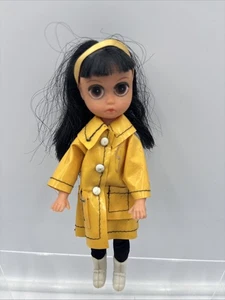 Susie Sad Eyes Doll in Original Yellow Slicker Raincoat Black Hair 8 inches Suzy - Picture 1 of 10