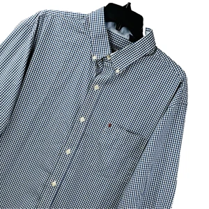 Izod Shirt Mens L Blue Gingham Check Button Stretch Embroidered Logo - Picture 1 of 13