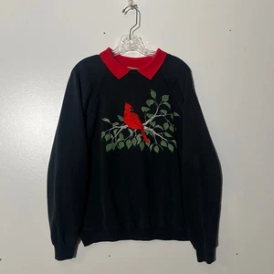 Vintage 80s Hanes Cardinal Bird Black Collared Pullover Sweater Made In USA XL - Picture 1 of 7