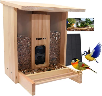 Alimentador inteligente de pássaros de madeira com câmera - energia solar, identificador de pássaros AI, 1080P HD, 520 - Imagem 1 de 4