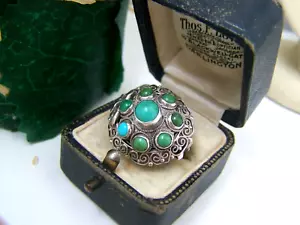 VINTAGE SOLID STERLING SILVER TURQUOISE PILL LOCKET POISON RING SIZE L MODERNIST - Picture 1 of 11