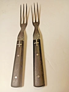 Antique Civil War Era Dinner Fork's  2 Matching Onate wood Handle Fork's - Picture 1 of 4