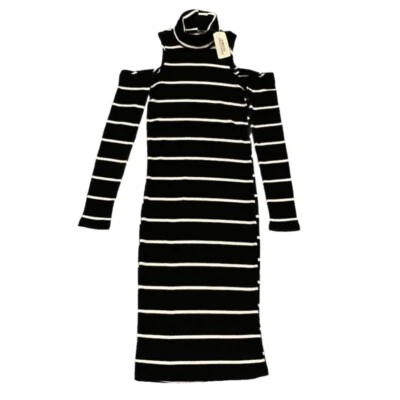 Forever 21 Ribbed Cold Shoulder Turtleneck Dress Size S Black/White Stripes, NWT - Image 1 of 4