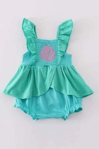 Girl's Boutique Green Ariel Mermaid Smocked Bubble Romper Dress Sibling Matching - Picture 1 of 11