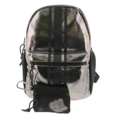 IDEOLOGY Silver Metallic Black Faux Leather Striped Backpack Bookbag Bag NWT - Image 1 of 4