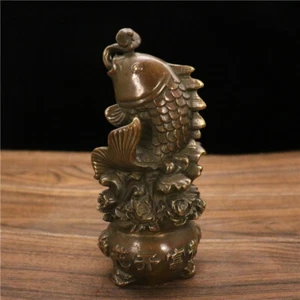 Adorno de mesa de pescado Ruyi de cobre chino antiguo de 5" adorno para el hogar  - Imagen 1 de 3