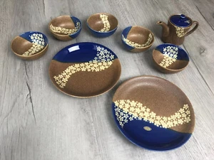 Vintage Japanese Plate Bowl Tea Set Blue Brown Custom Set - Picture 1 of 12