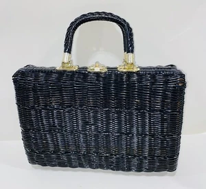 Naturgeflecht Korb Handtasche Geldbeutel Vintage 50er/60er schwarz glänzend groß top - Bild 1 von 12