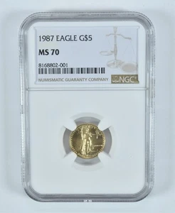 1987 $5 1/10 oz American Gold Eagle MS70 NGC Brown Label *2147 - Picture 1 of 5