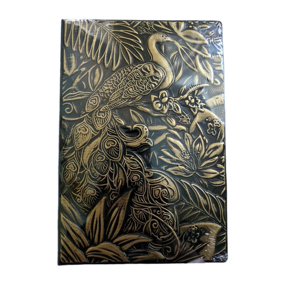 Notebook Diary Peacock Journal Embossed Cover Faux Leather Dark Brown Gold Blank - Image 1 of 4
