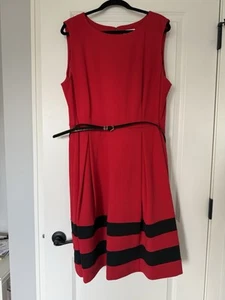 Calvin Klein Womens 20W Dress Fit Flare Pleated Belt Red Black Sleeveless - Picture 1 of 3