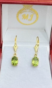 14k Solid Yellow Gold Solitair/ One Stone Leverback Earrings, Natural Peridot - Picture 1 of 6