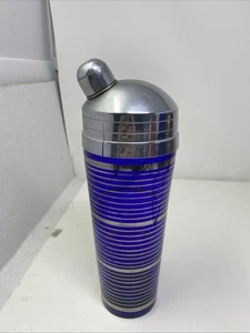 Art Deco Cobalt Blue Silver Banding Cocktail Shaker - Picture 1 of 8