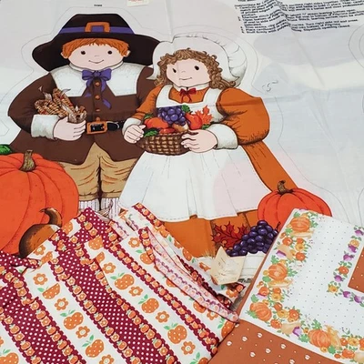 Vintage Fabric 1970s Autumn Fall Apple Pumpkin Pilgrim Panel Red Orange 2+ yards - Image 1 of 4